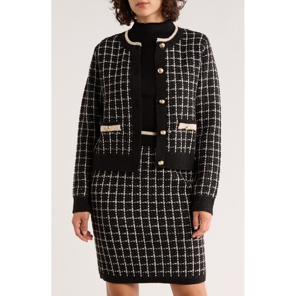 Ellen Tracy Sweaters - Ellen Tracy | Plaid Stitch Lady Jacket Cardigan Large Black Metallic Gold Button